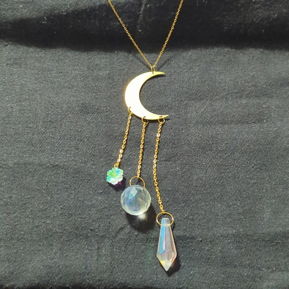 Gold Tone Moon Clear Faceted Crystal Dangles Pendant Statement Necklace